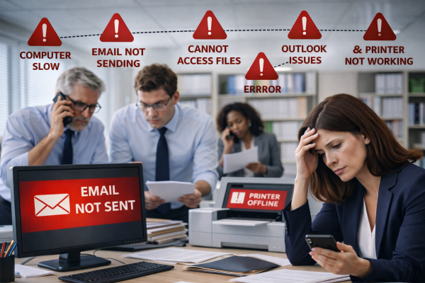 Office staff experiencing recurring technology problems, including slow computers, email not sending, printer offline, and file access issues during a busy workday.