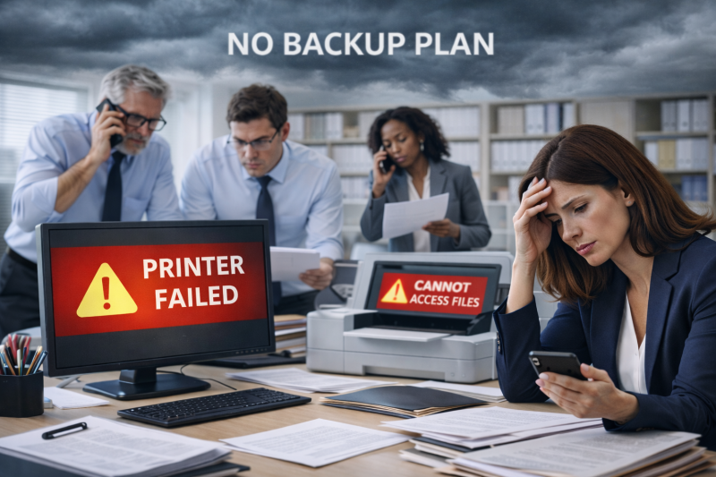 Office staff facing multiple technology failures without a backup plan, including printer errors and file access issues, causing delays during a busy workday.
