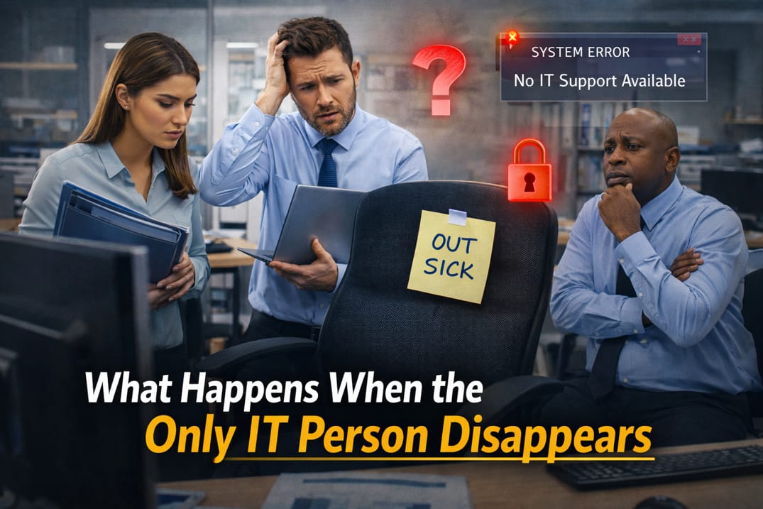 Office employees in a New Jersey business dealing with a system outage after the only IT person is unavailable