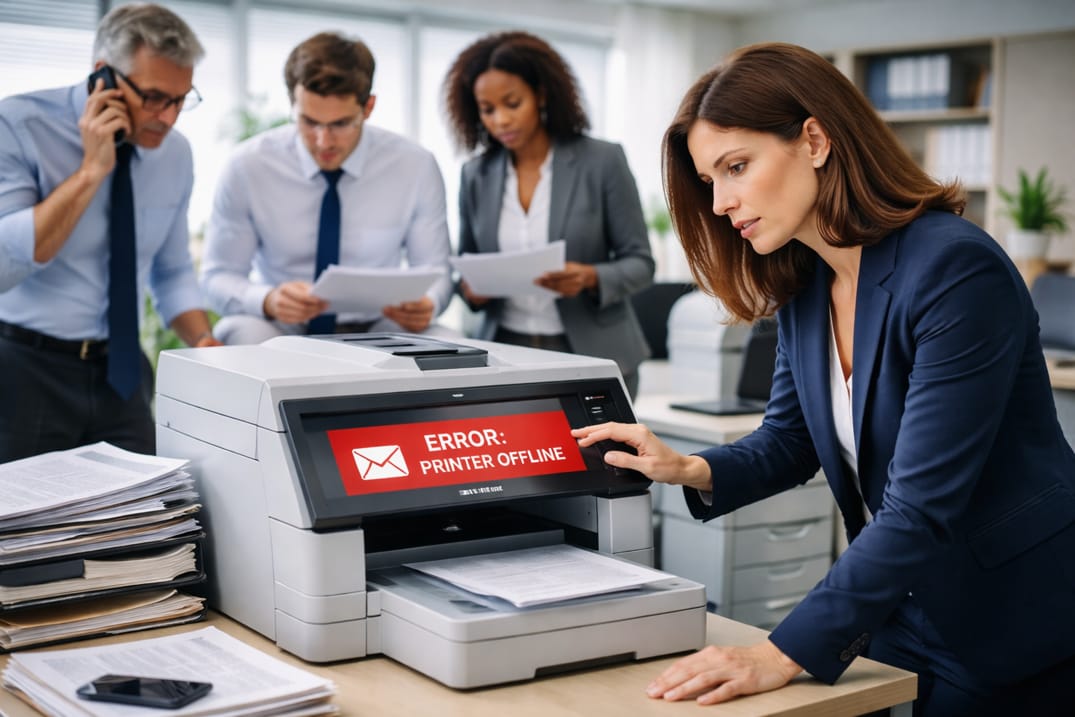 Office staff experiencing a printer outage during a busy workday, with printing errors delaying documents and client service.