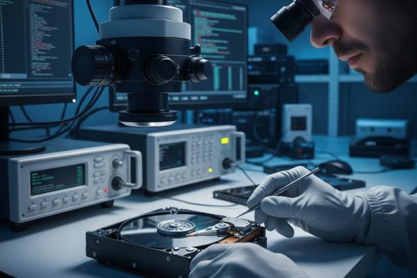 Professional technician repairing a damaged hard drive for data recovery.