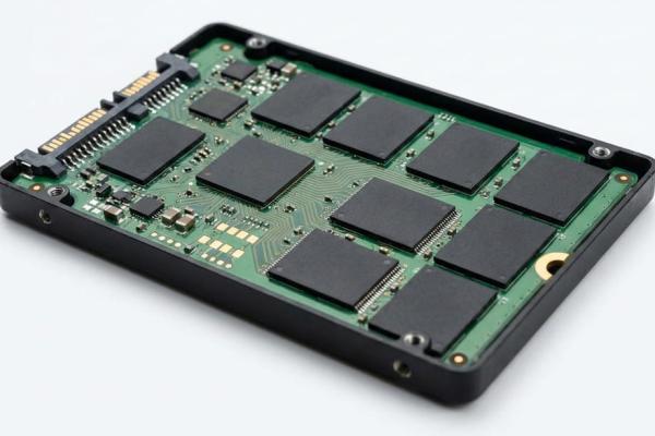 Close-up photograph of an open solid state drive (SSD) circuit board, showing multiple NAND flash memory chips and the central controller chip.