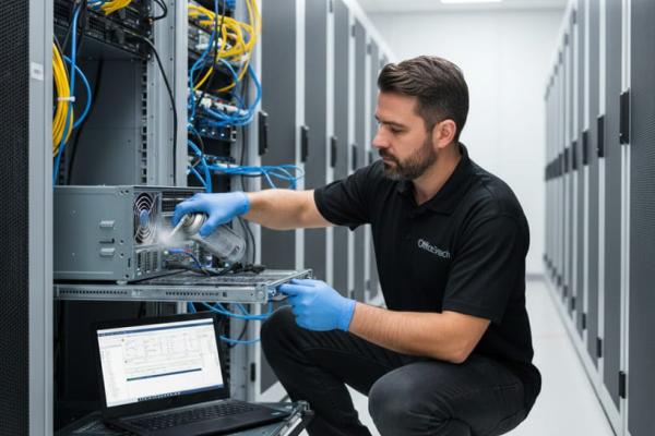 A professional IT technician performing a semi-annual hardware maintenance check on a server rack in a modern data center.