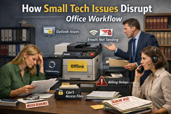 Office staff facing small technology issues that disrupt daily workflow, causing delays, missed deadlines, and client frustration