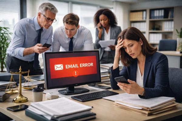 Office staff dealing with an email outage during a busy workday, with Outlook errors disrupting communication and deadlines.