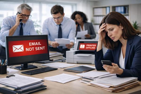 Office staff dealing with multiple technology issues during a busy workday, including email not sending and a printer offline, causing delays.