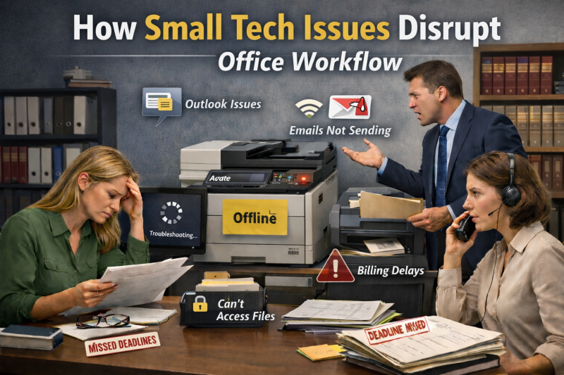 Office staff facing small technology issues that disrupt daily workflow, causing delays, missed deadlines, and client frustration