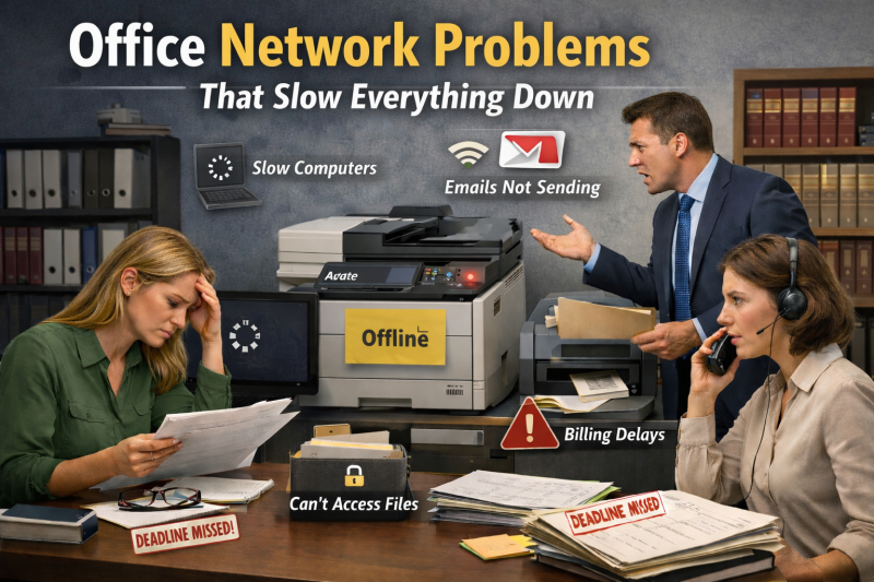 Office staff experiencing slow computers, email delays, and printer failures caused by network problems during a busy workday