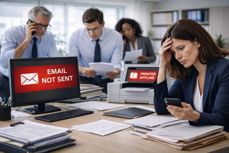 Office staff dealing with multiple technology issues during a busy workday, including email not sending and a printer offline, causing delays.