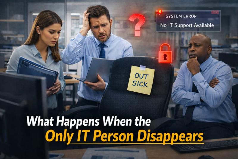 Office employees in a New Jersey business dealing with a system outage after the only IT person is unavailable