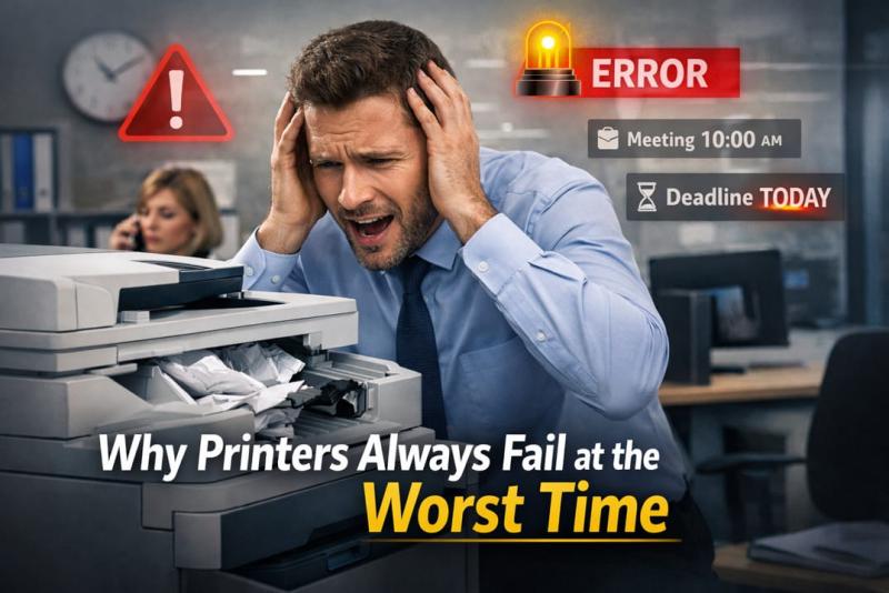 Professional office worker in a New Jersey office frustrated by a jammed printer during a critical deadline