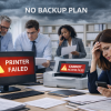 Office staff facing multiple technology failures without a backup plan, including printer errors and file access issues, causing delays during a busy workday.