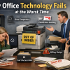 Office staff dealing with multiple technology failures during a busy workday, causing missed deadlines and client delays
