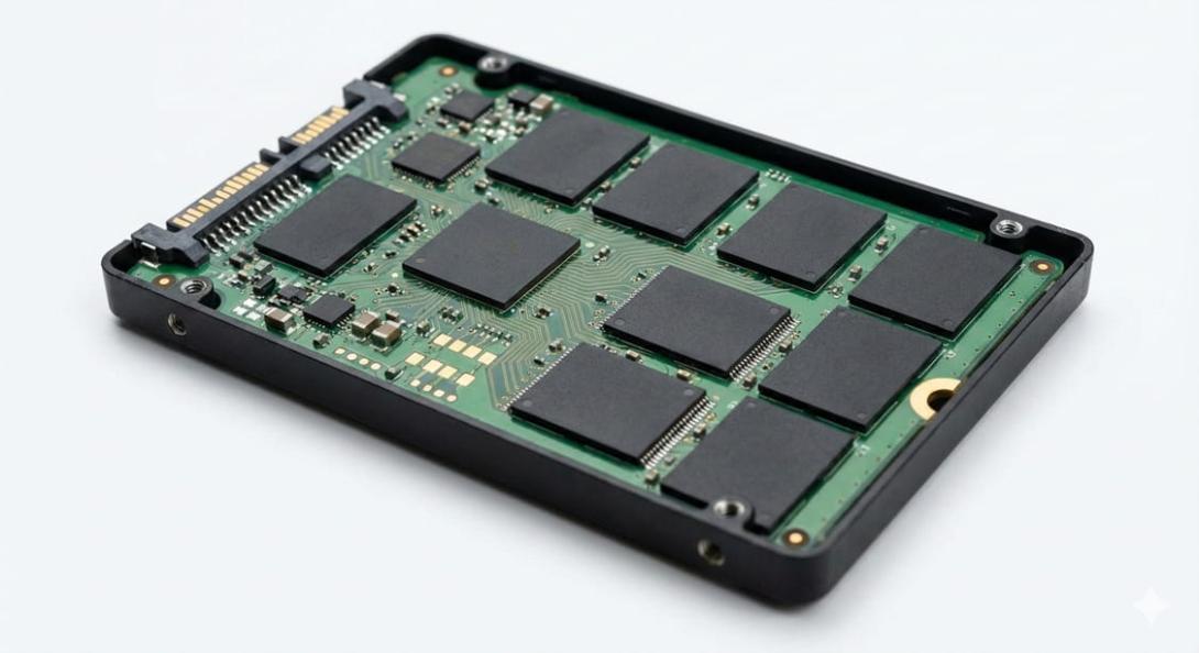 Close-up photograph of an open solid state drive (SSD) circuit board, showing multiple NAND flash memory chips and the central controller chip.