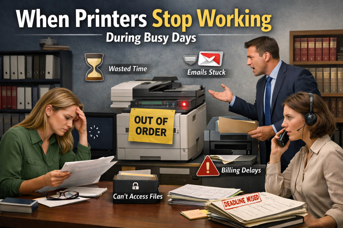 Office staff experiencing delays and frustration when a printer stops working during a busy workday