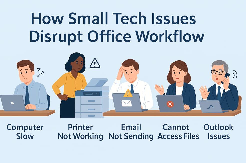 Office workers experiencing workflow disruptions caused by small tech issues